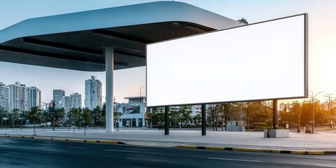 Obraz premium A modern building with a large blank billboard on a clear day, ideal for advertising or branding opportunities.