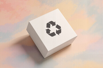 A 3D render of a minimalist white box with a subtle recycling logo, stacked at a 45-degree angle