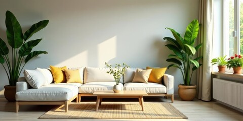 Serene Living Room with Sunlight Streaming Through Window and Lush Tropical Plants Accenting a Comfortable Sectional Sofa