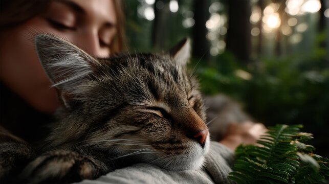 Woman cuddling a peacefully sleeping tabby cat outdoors in a lush green forest with sunlight filtering through trees