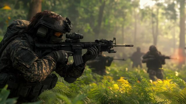 Man in camouflage is holding a rifle and is in the middle of a forest. There are two other men in the background, one of whom is also holding a rifle. Scene is tense and serious