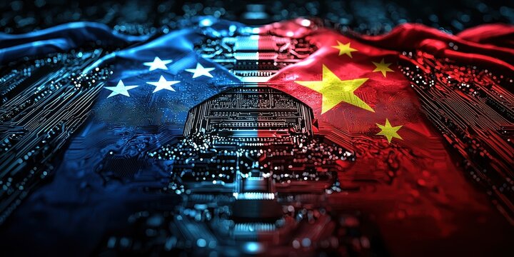 USA and China flags, surrounded by technological devices and microchips, symbolizing the technological battle in the trade war over semiconductor production.