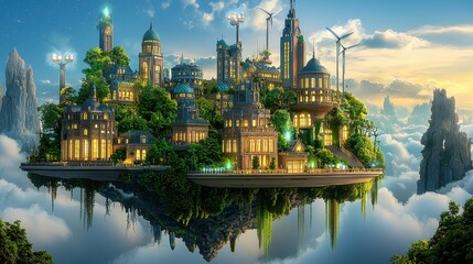 Obraz premium A floating island city with dense forests, illuminated buildings, and renewable energy sources, suspended in clouds at twilight.
