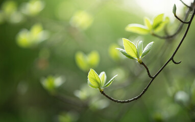Tree branch with young leaves. Springtime. Beautiful picturesque spring background in Japanese style. Shallow depth of field. Macro.