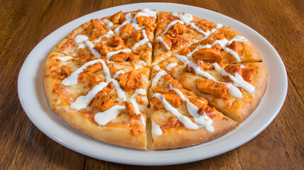 Spicy Buffalo Chicken Pizza With Ranch Dressing on a Wooden Table Surface