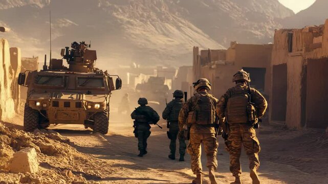 Group of soldiers are walking down a dirt road in a desert. The soldiers are wearing camouflage uniforms and carrying weapons. The scene is tense and serious, as the soldiers are on a mission
