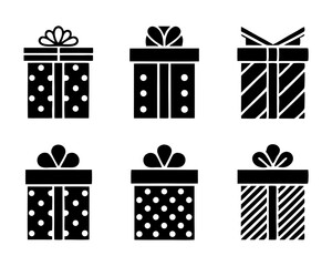 Silhouette Icons of Wrapped Gift Boxes on White Background
