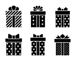 Silhouette Icons of Wrapped Gift Boxes on White Background
