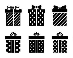 Silhouette Icons of Wrapped Gift Boxes on White Background
