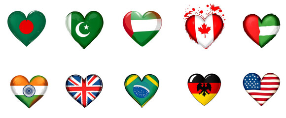world 10 country flag heart illustration