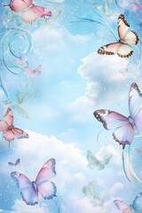 Dreamy Blue Sky with Colorful Butterflies and Soft Cloud Background Illustration
