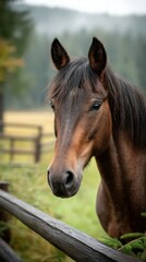 Obraz premium Majestic brown horse gazes curiously over a wooden fence in a serene field at sunrise