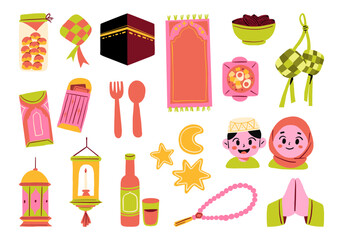 Ramadan Eid Celebration Icon Pack. A complete collection of flat style icons featuring ramadan food lanterns envelopes and muslim characters. Perfect for eid decoration and islamic themed content