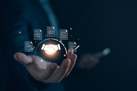 Businessman manage digital procurement process with business contract, invoice, approval documents, representing B2B sourcing, vendor management, supply chain, e-procurement.