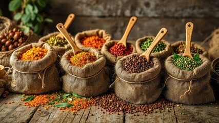 Aromatic Spices in Rustic Burlap Bags on Wooden Surface