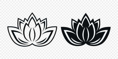 Flat Single Color Vector Lotus Flower Icon Set. Monochrome Floral Symbol. Lotus Silhouette Design for Yoga and Spa Logo. Botanical and Nature Emblem Set. Elegant Flower Clipart