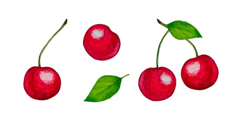 Set of illustrations with branches of juicy red cherries green leaves on a white background, made in watercolor technique. Bright and summery design.
