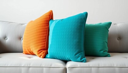 Three textured pillows arranged on a gray modern sofa, set, scatter cushions