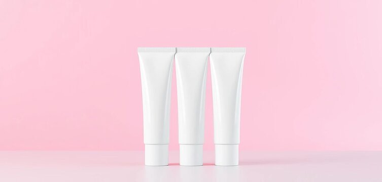 Three pristine white cosmetic tubes stand upright against a split pastel pink and blue backdrop, smooth, split background