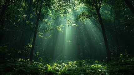 Obraz premium Sunlight piercing a dense, verdant forest. 