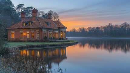 Fototapeta premium Luxurious home by a serene lake at dawn