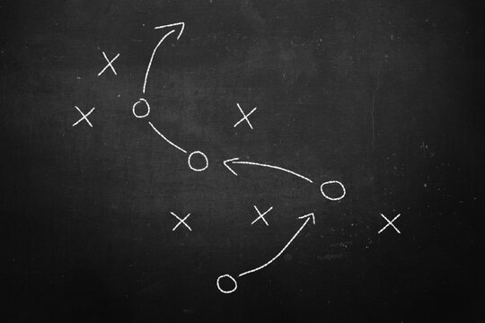 Soccer, football tactics isolated on black blackboard, chalkboard texture