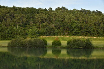 Reflet de la forêt dans les eaux d'un étang de retenue près du bourg de Champagne au Périgord Vert  © Photocolorsteph