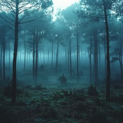 Fototapeta premium Misty, mystical forest. Dense trees shrouded in a tranquil blue haze