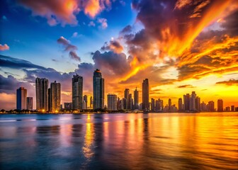Obraz premium Silhouette Cityscape: Modern Coastal Metropolis at Dusk, Magical Light & Shadow