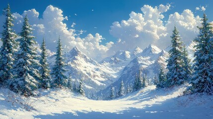 Obraz premium Snowy mountain range vista, pine trees, winter landscape