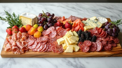 Charcuterie board with cured meats, cheeses, fruits, and rosemary