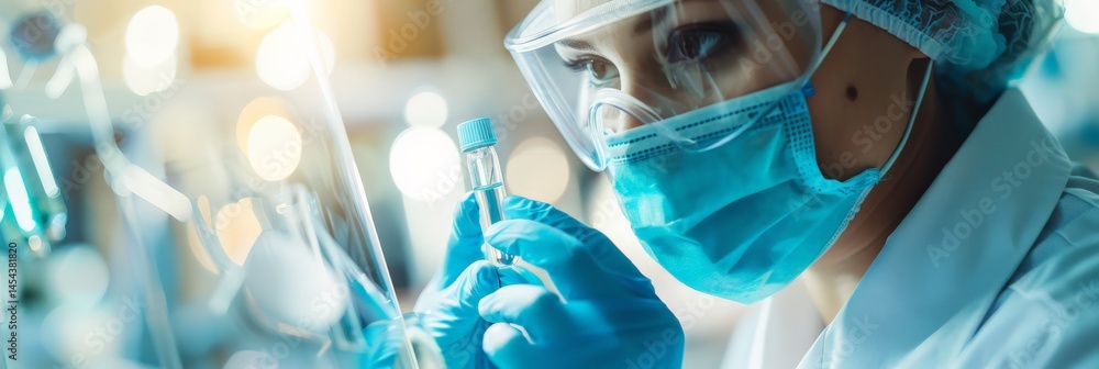 Poster focused scientist analyzing test tube in a laboratory. professional medical research in a modern lab