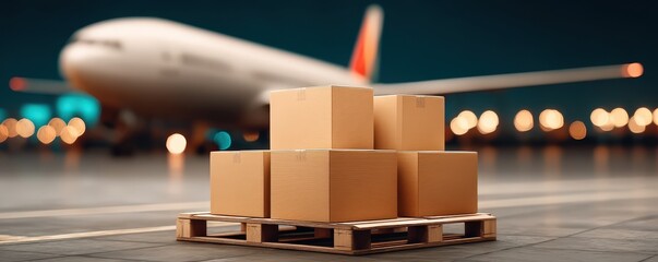 Cardboard boxes stacked on a pallet sit on an airport runway with a cargo airplane in the background at night.