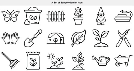 Naklejka premium Black outline icons showcase gardening tools and accessories arranged on a white background