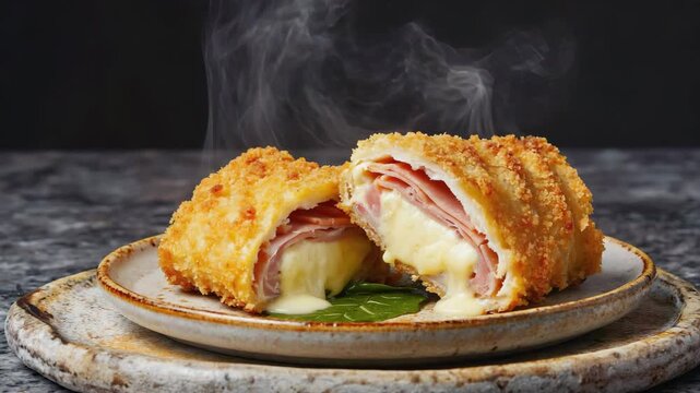 Chicken Cordon Bleu cut open, Steam rising from the cheesy interior, Soft ambient light, Inviting and comforting
