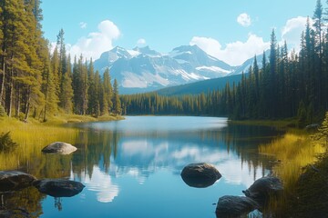Obraz premium Tranquil Mountain Lake with Rocks and Pine Forest in Beautiful Scenic Landscape