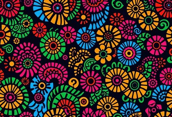 Fototapeta premium Vibrant, colorful African wax print fabric with abstract motifs in a seamless pattern, fabric texture, African design