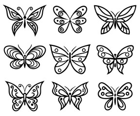 Fototapeta premium Butterfly Silhouette Vector Collection – 9 Stylized Insect Designs isolated on transparent background 