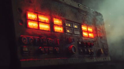 Rusty control panel glows with ominous red lights