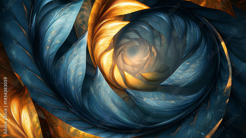 Poster twisting abstract palm leaf design rendered as a fractal, forming a layered and dynamic background