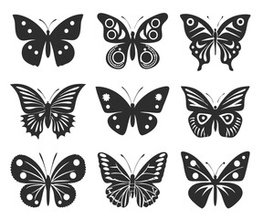 Minimal Black Silhouettes of Butterflies, Moths, and Dragonflies Vector illustration
