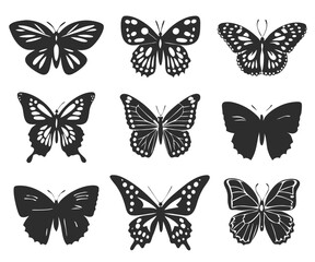 Minimal Black Silhouettes of Butterflies, Moths, and Dragonflies Vector illustration
