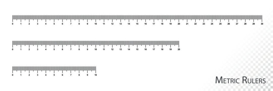 Ruler scale set: 30 cm, 20 cm, and 10 cm. Measurement tool collection. Vector illustration isolated on white background. Perfect for education, school, and design tools.