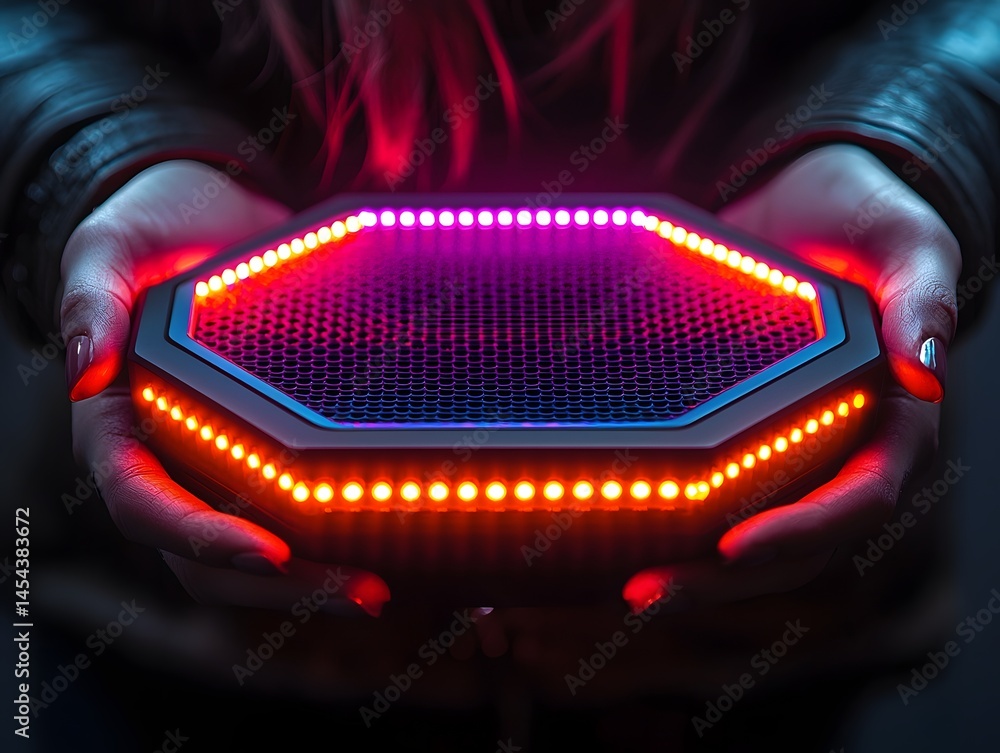 Poster sleek hexagonal neon speaker emitting pulsating light waves