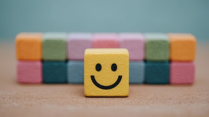 A yellow block with a smiley face stands out in front of colorful pastel blocks on a neutral background.