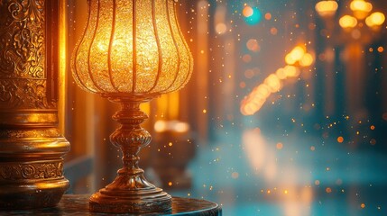 Ornate lamp glows, blurring the street scene in orange