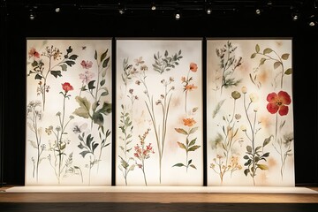 Three panels showcase delicate botanical illustrations, featuring various flowers and foliage in muted tones.  The translucent panels create a soft, ethereal ambiance