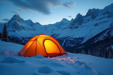 Illuminated orange tent against snow-covered mountain range at dusk. Winter camping expedition concept in cold, remote wilderness location with adventure travel vibe. Dramatic scenic landscape