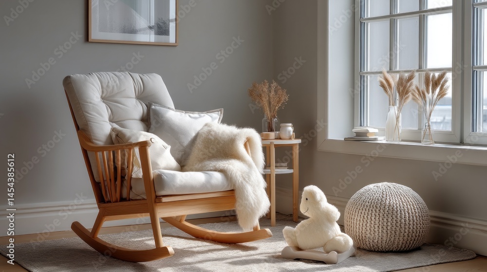 Poster a cozy children's room showcases a charming rocking chair set beside a sunny window. soft decor elem