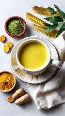 Golden turmeric latte in a white cup with matcha, ginger, and powdered turmeric on a light artistic background, vertical